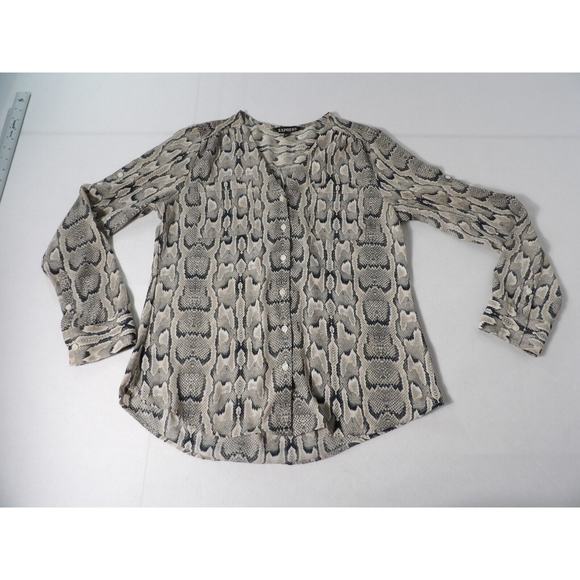 Express Womens Top Sz Small Snake Print Button Up Roll Tab Sleeve Collarless - Picture 7 of 13